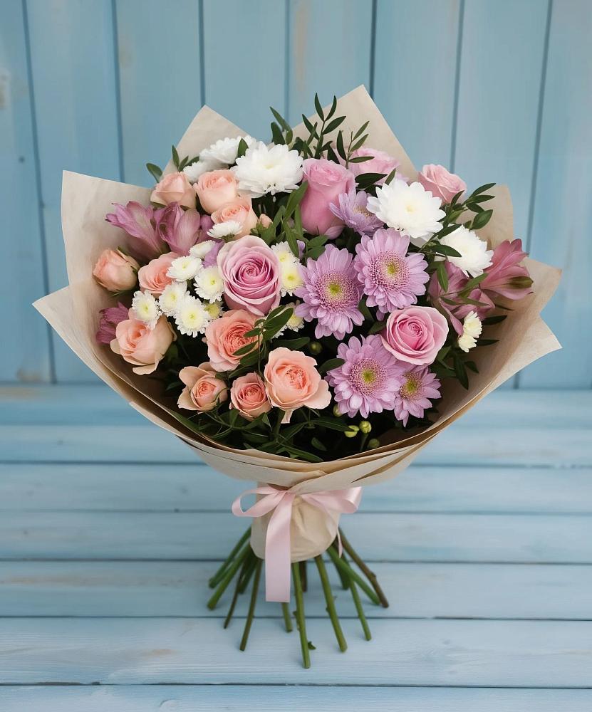 Букет цветов из: Хризантемы, Розы и Альстромерии в Бессергеневской