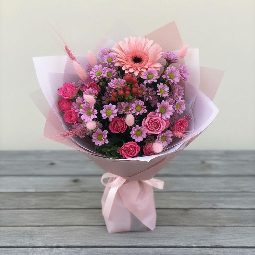 Букет цветов из: Розы, Герберы и Хризантемы в Бессергеневской