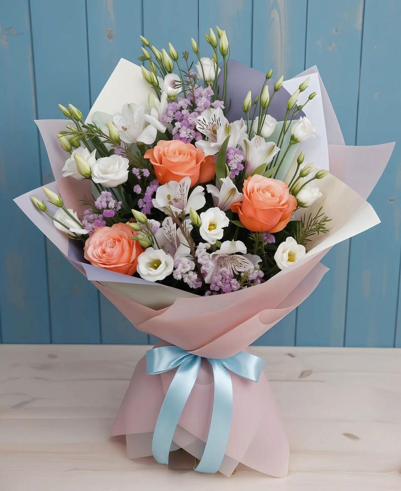 Букет цветов из: Лизиантусы, Розы, Альстромерии и Гипсофила в Бессергеневской