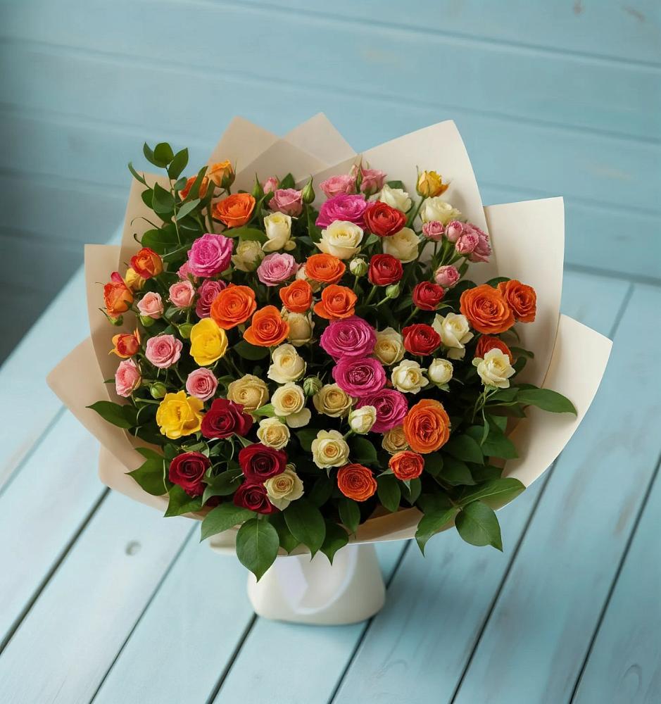 Букет Микс из разноцветных кустовых роз в Бессергеневской