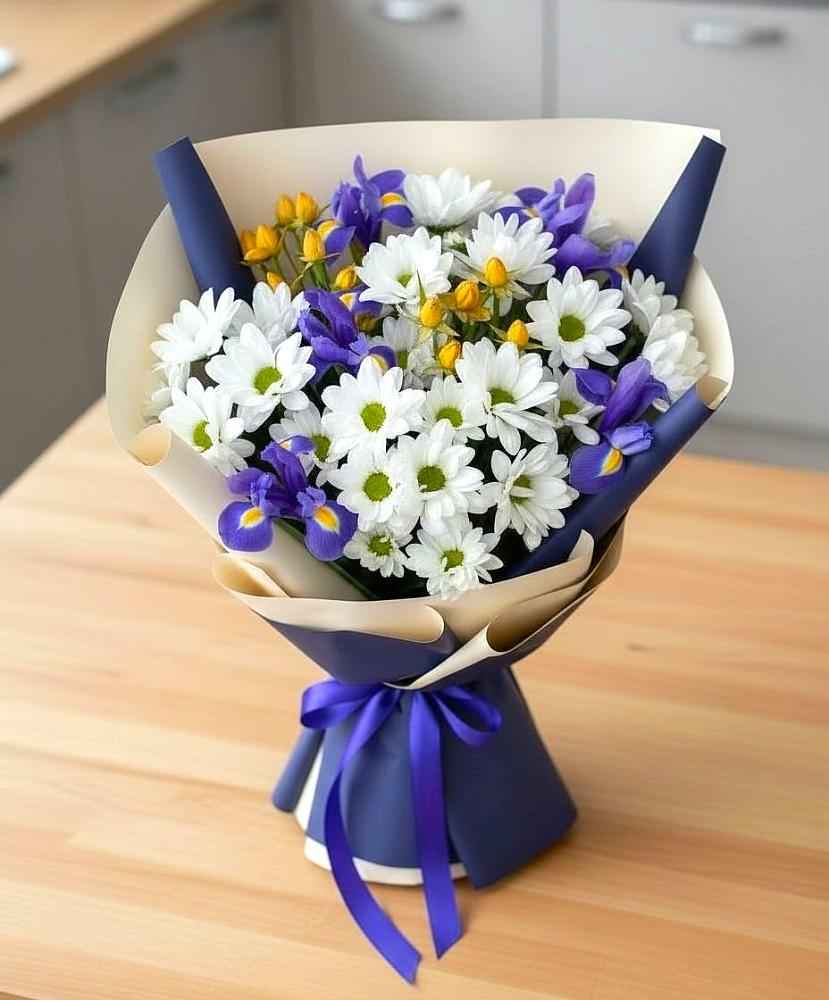 Букет цветов из: Розы, Ирисы и Хризантемы в Бессергеневской