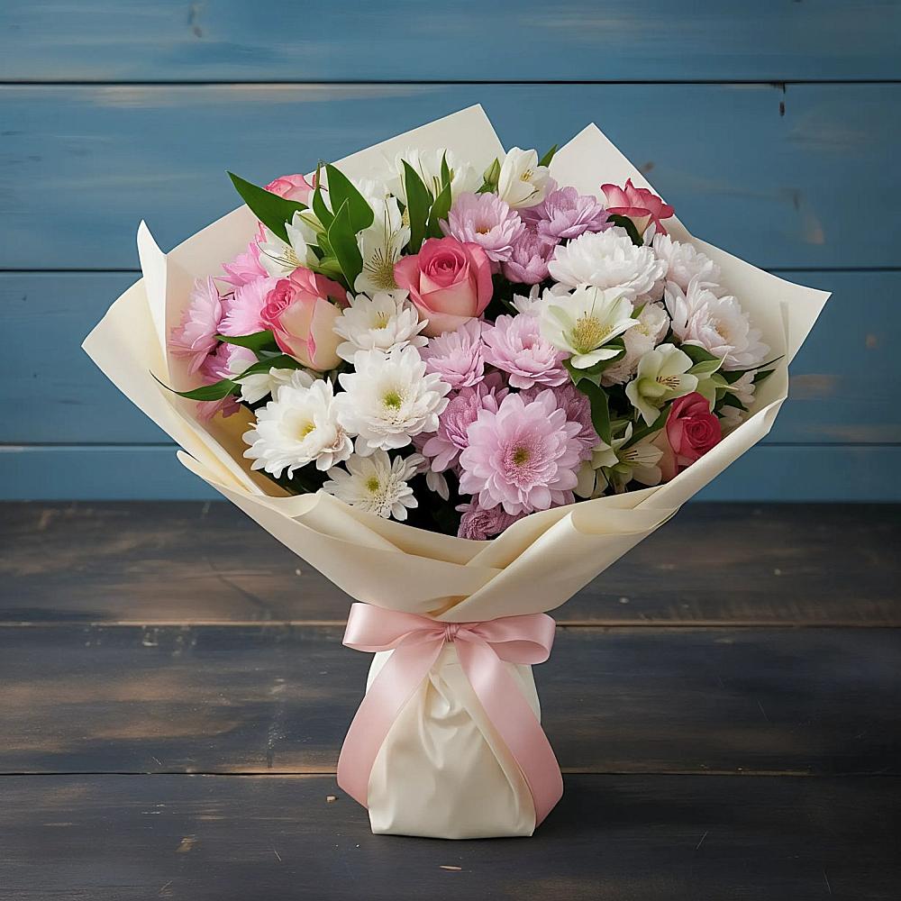 Букет цветов из: Хризантемы, Альстромерии и Розы в Бессергеневской